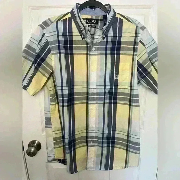 Men’s Chaps Blue And Yellow Plaid Button Down Dress Shirt Size Medium - Picture 1 of 5